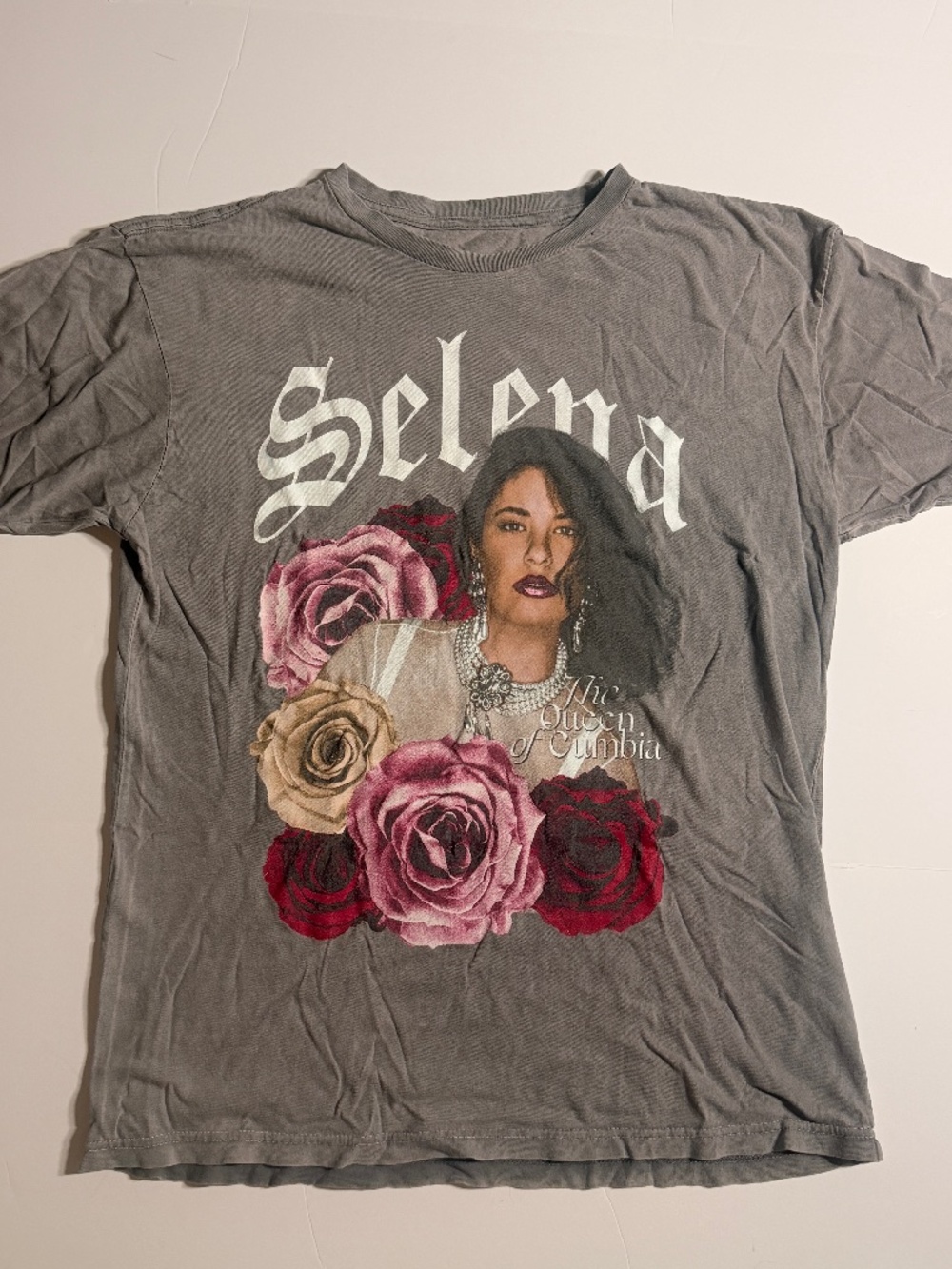 SELENA Short Sleeve Brown T-Shirt Unisex L Floral Roses Tee vintage